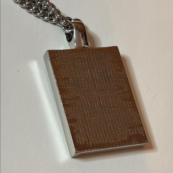 Ann Taylor Silver Tone and Dark Blue Pendant Necklace with Long 32” Chain - Picture 3 of 5